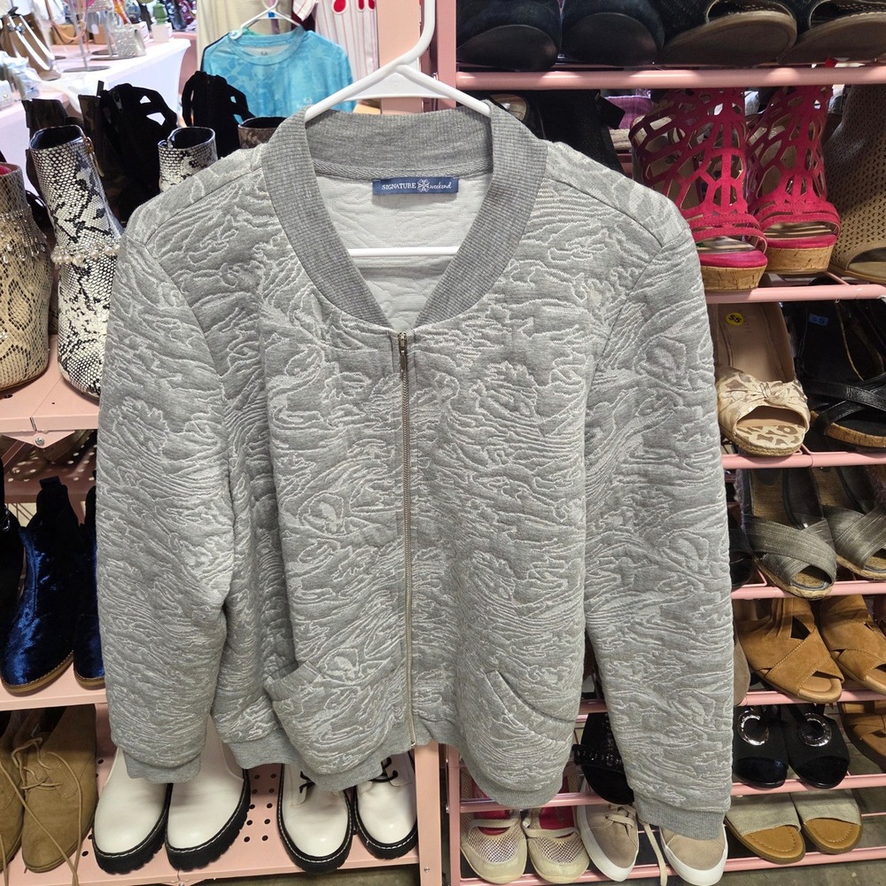 Signature Weekend Textured Bomber Jacket Grey Full Zip Front Pockets Women's XL